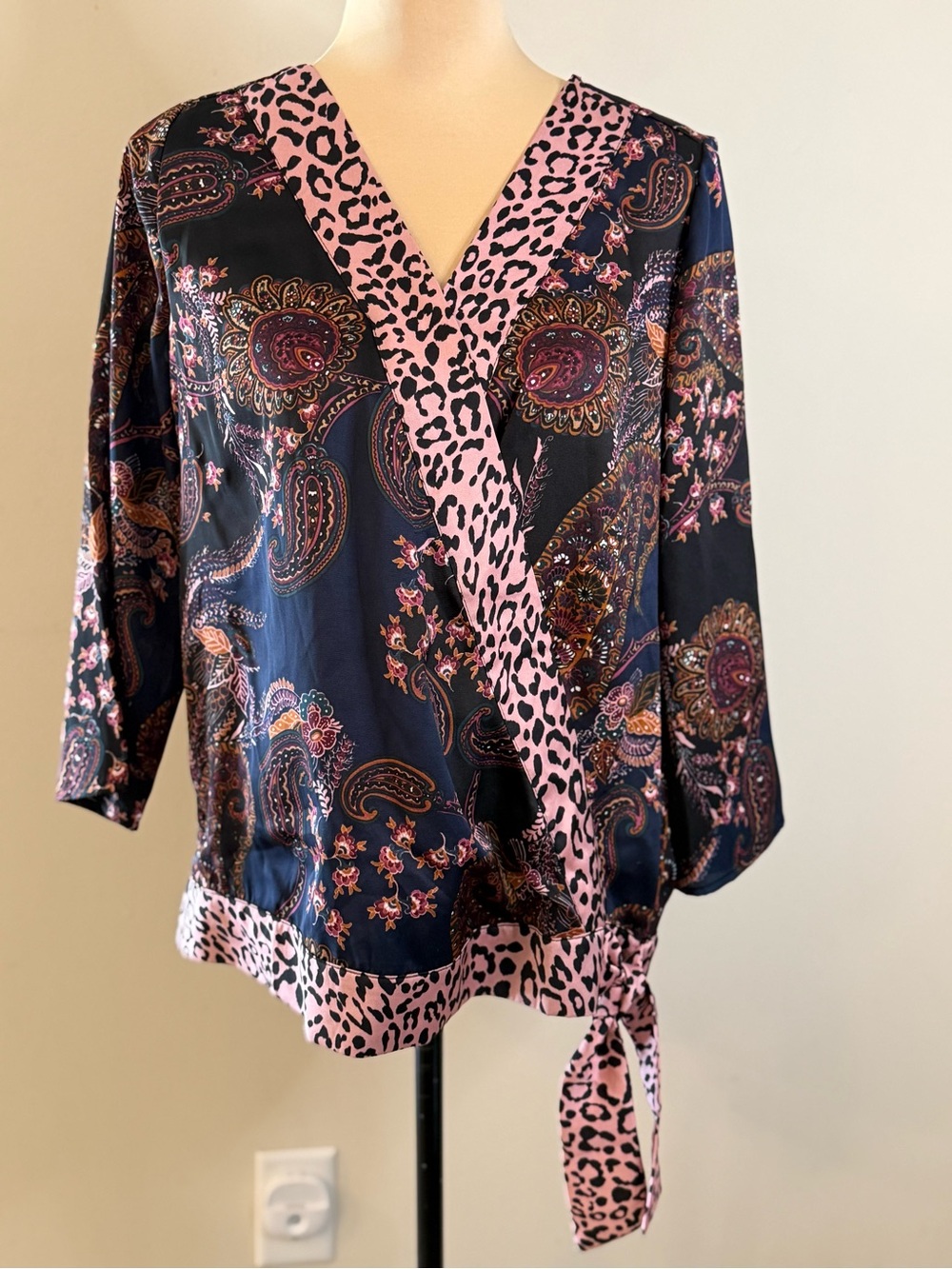 Dressbarn boho top paisley floral leopard print SZ SM